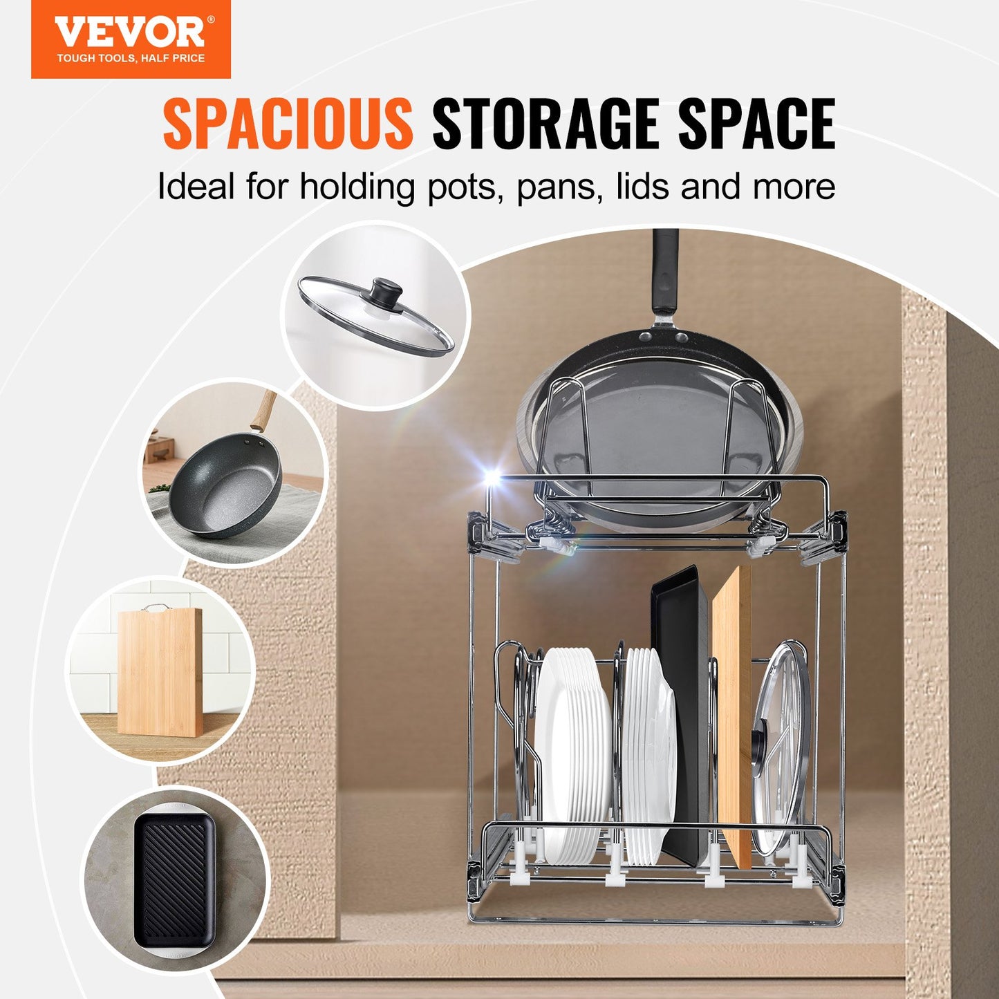 Pan and Pot Rack, 2-Tier Expandable Pull Out Under Cabinet Organizer, Cookie Sheet Baking Pans Tray Racks, Adjustable Wire Dividers, Steel Lid Holder for Kitchen Cabinet & Pantry Storage, 12"W