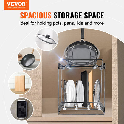 Pan and Pot Rack, 2-Tier Expandable Pull Out Under Cabinet Organizer, Cookie Sheet Baking Pans Tray Racks, Adjustable Wire Dividers, Steel Lid Holder for Kitchen Cabinet & Pantry Storage, 12"W