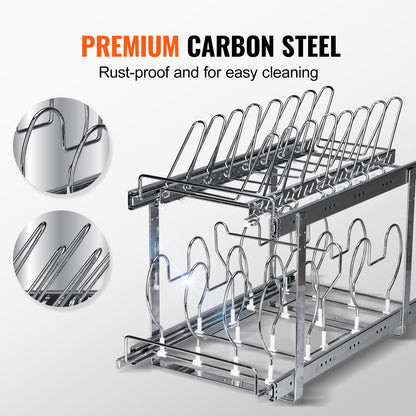 Pan and Pot Rack, 2-Tier Expandable Pull Out Under Cabinet Organizer, Cookie Sheet Baking Pans Tray Racks, Adjustable Wire Dividers, Steel Lid Holder for Kitchen Cabinet & Pantry Storage, 12"W