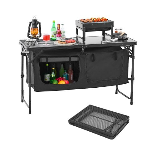 Camping Kitchen Table, Folding Outdoor Cooking Table, 3 Adjustable Heights, Aluminum Lightweight Portable Cook Station with Storage Organizer, Carry Handle, for BBQ Party Picnic RV Travel, Black
