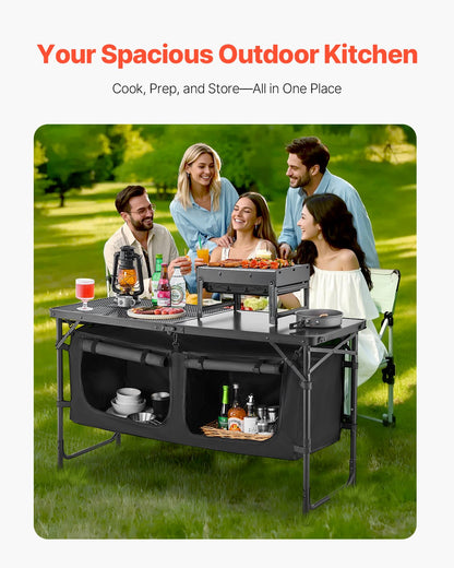 Camping Kitchen Table, Folding Outdoor Cooking Table, 3 Adjustable Heights, Aluminum Lightweight Portable Cook Station with Storage Organizer, Carry Handle, for BBQ Party Picnic RV Travel, Black