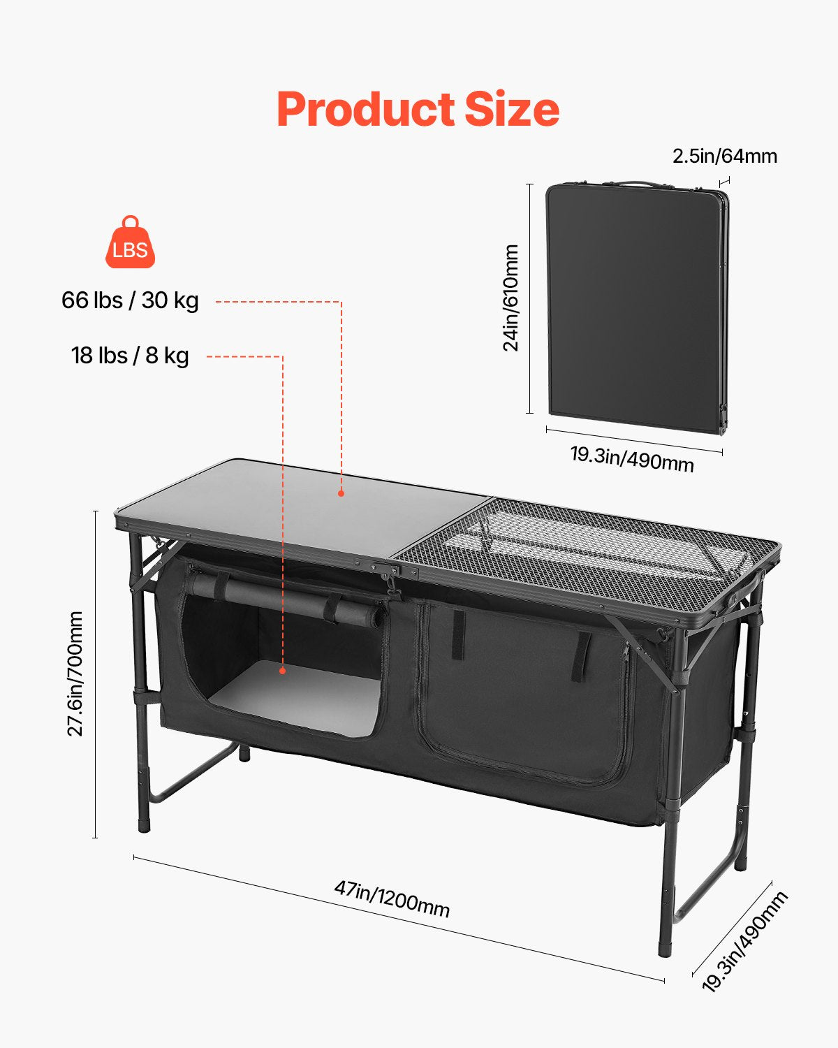 Camping Kitchen Table, Folding Outdoor Cooking Table, 3 Adjustable Heights, Aluminum Lightweight Portable Cook Station with Storage Organizer, Carry Handle, for BBQ Party Picnic RV Travel, Black