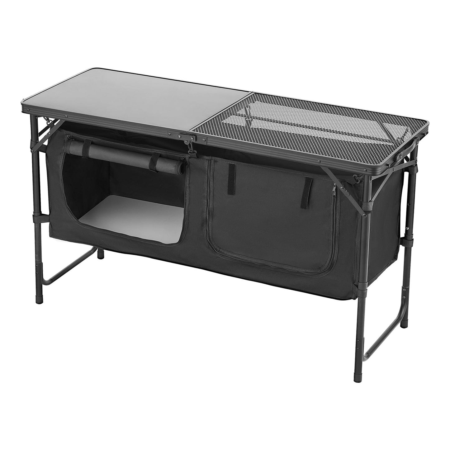 Camping Kitchen Table, Folding Outdoor Cooking Table, 3 Adjustable Heights, Aluminum Lightweight Portable Cook Station with Storage Organizer, Carry Handle, for BBQ Party Picnic RV Travel, Black