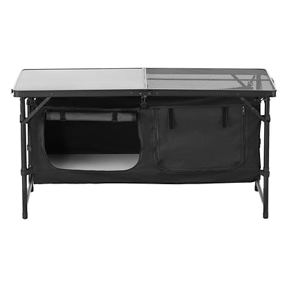Camping Kitchen Table, Folding Outdoor Cooking Table, 3 Adjustable Heights, Aluminum Lightweight Portable Cook Station with Storage Organizer, Carry Handle, for BBQ Party Picnic RV Travel, Black