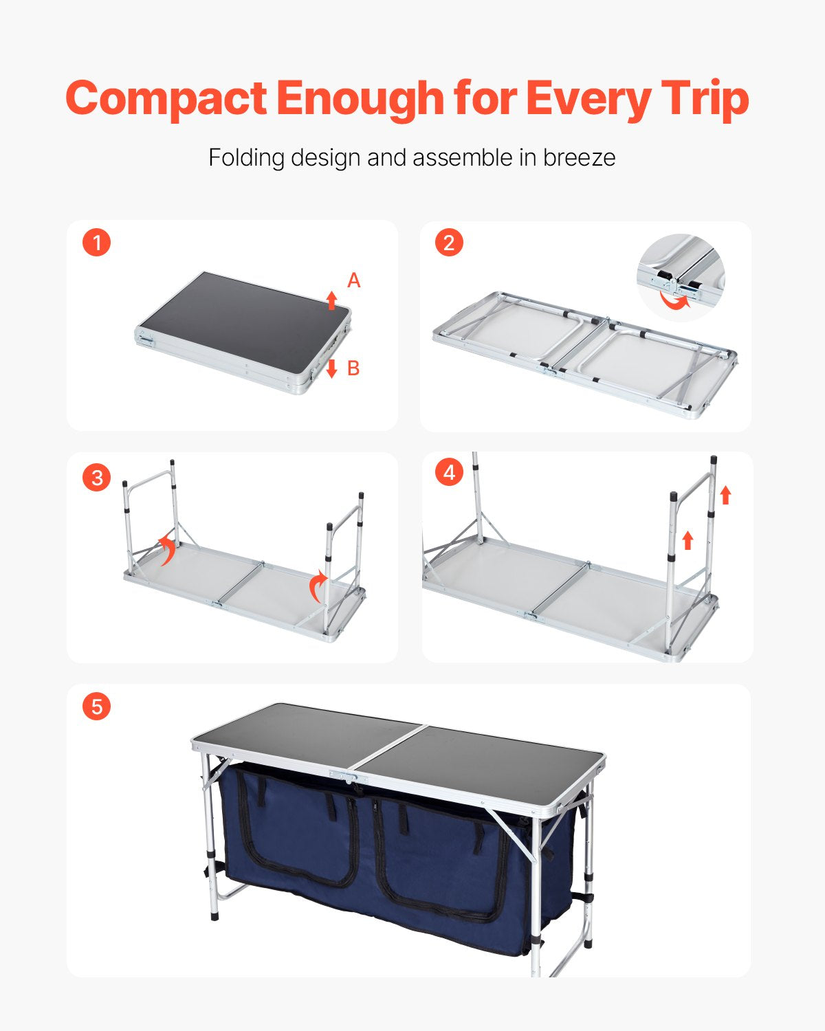 Camping Kitchen Table, Folding Outdoor Cooking Table, 3 Adjustable Height, Aluminum Lightweight Portable Cook Station with Storage Organizer, Carry Handle, for BBQ Party Picnic RV Travel, Blue
