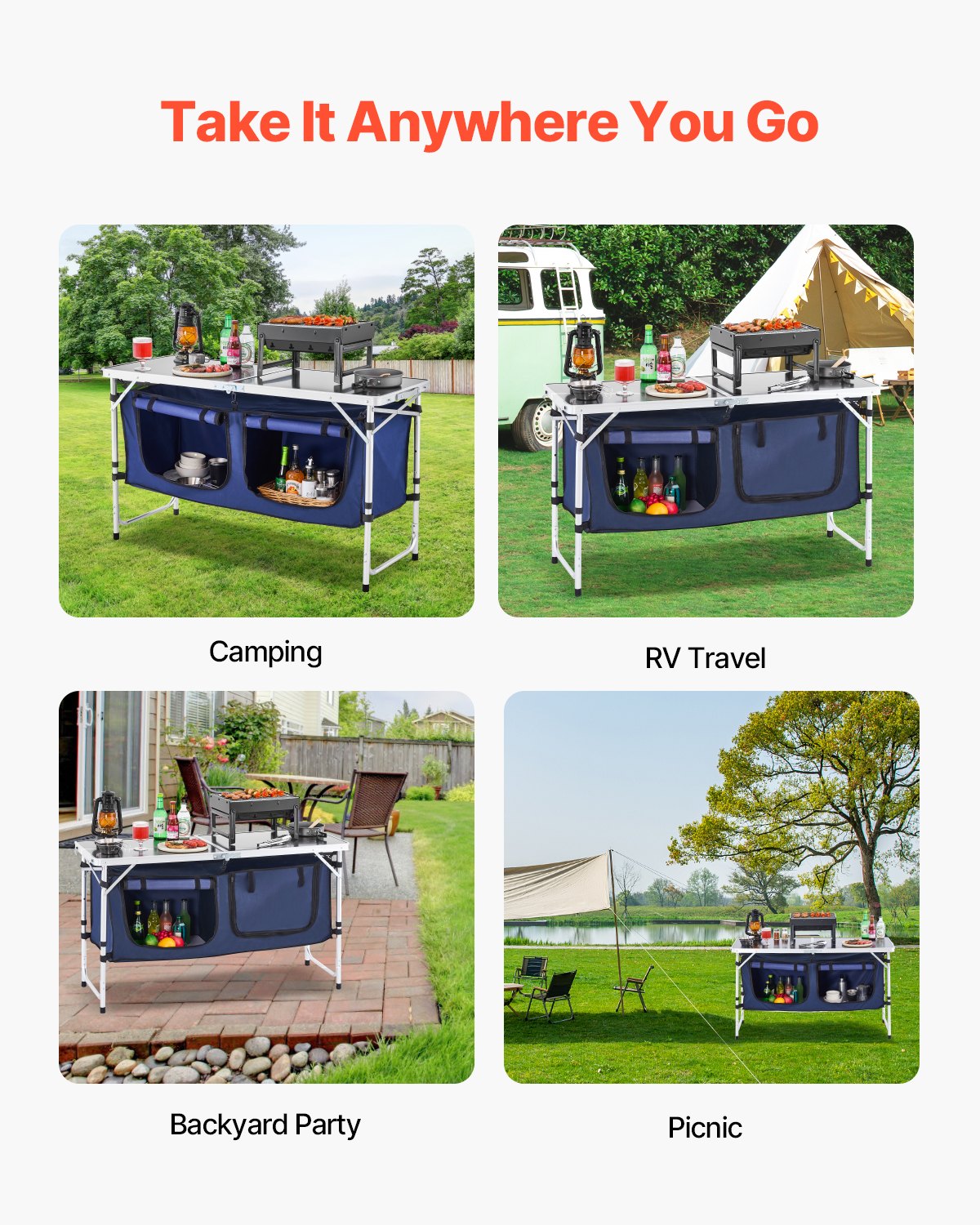 Camping Kitchen Table, Folding Outdoor Cooking Table, 3 Adjustable Height, Aluminum Lightweight Portable Cook Station with Storage Organizer, Carry Handle, for BBQ Party Picnic RV Travel, Blue