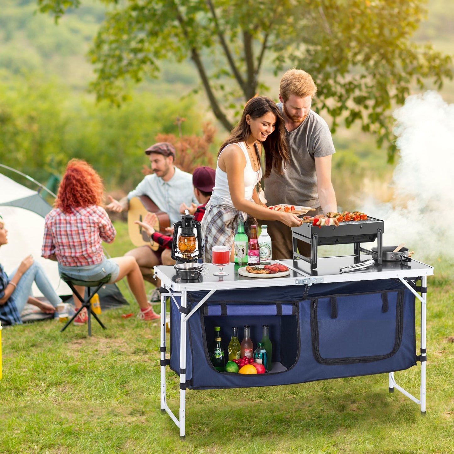 Camping Kitchen Table, Folding Outdoor Cooking Table, 3 Adjustable Height, Aluminum Lightweight Portable Cook Station with Storage Organizer, Carry Handle, for BBQ Party Picnic RV Travel, Blue