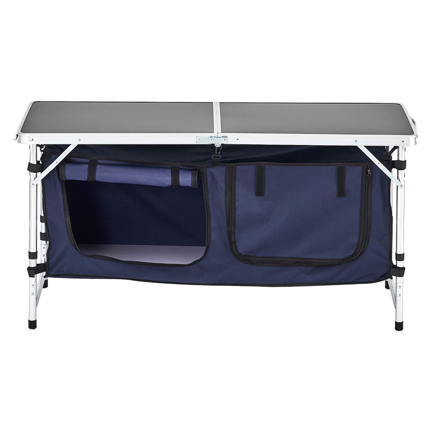 Camping Kitchen Table, Folding Outdoor Cooking Table, 3 Adjustable Height, Aluminum Lightweight Portable Cook Station with Storage Organizer, Carry Handle, for BBQ Party Picnic RV Travel, Blue