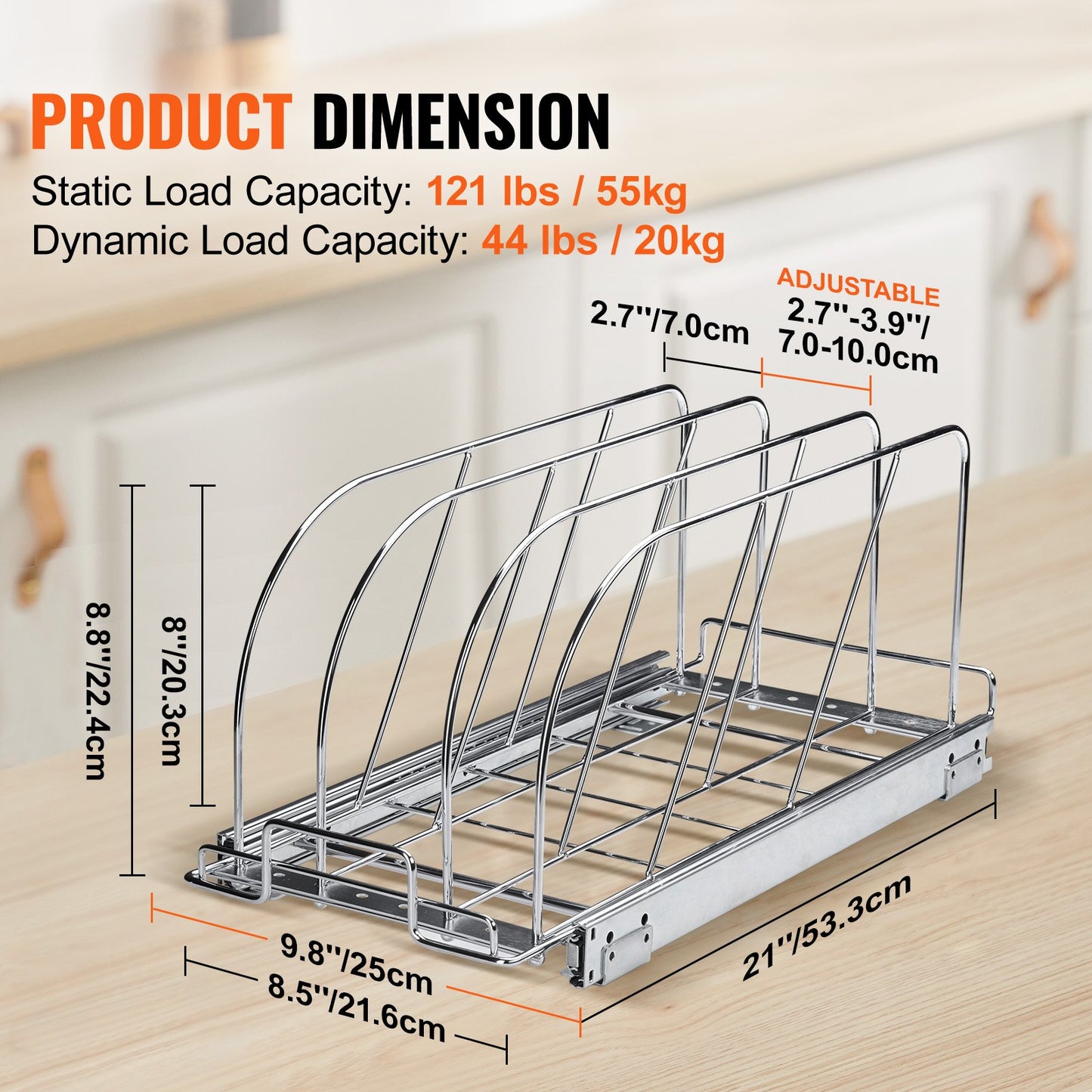 Pan and Pot Rack, Expandable Pull Out Under Cabinet Organizer, Cookie Sheet Baking Pans tray Organization, Adjustable Wire Dividers, Steel Lid Holder for Kitchen Cabinet & Pantry Storage,
