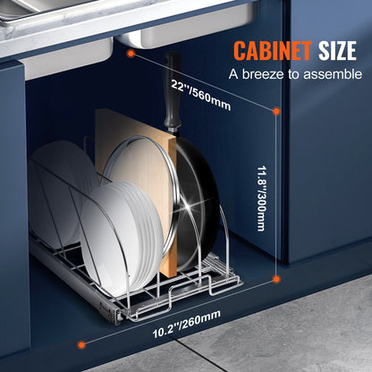 Pan and Pot Rack, Expandable Pull Out Under Cabinet Organizer, Cookie Sheet Baking Pans tray Organization, Adjustable Wire Dividers, Steel Lid Holder for Kitchen Cabinet & Pantry Storage,