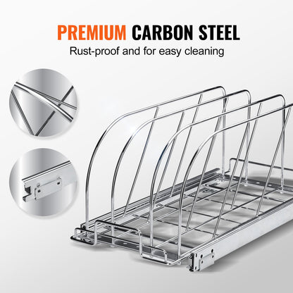 Pan and Pot Rack, Expandable Pull Out Under Cabinet Organizer, Cookie Sheet Baking Pans tray Organization, Adjustable Wire Dividers, Steel Lid Holder for Kitchen Cabinet & Pantry Storage,
