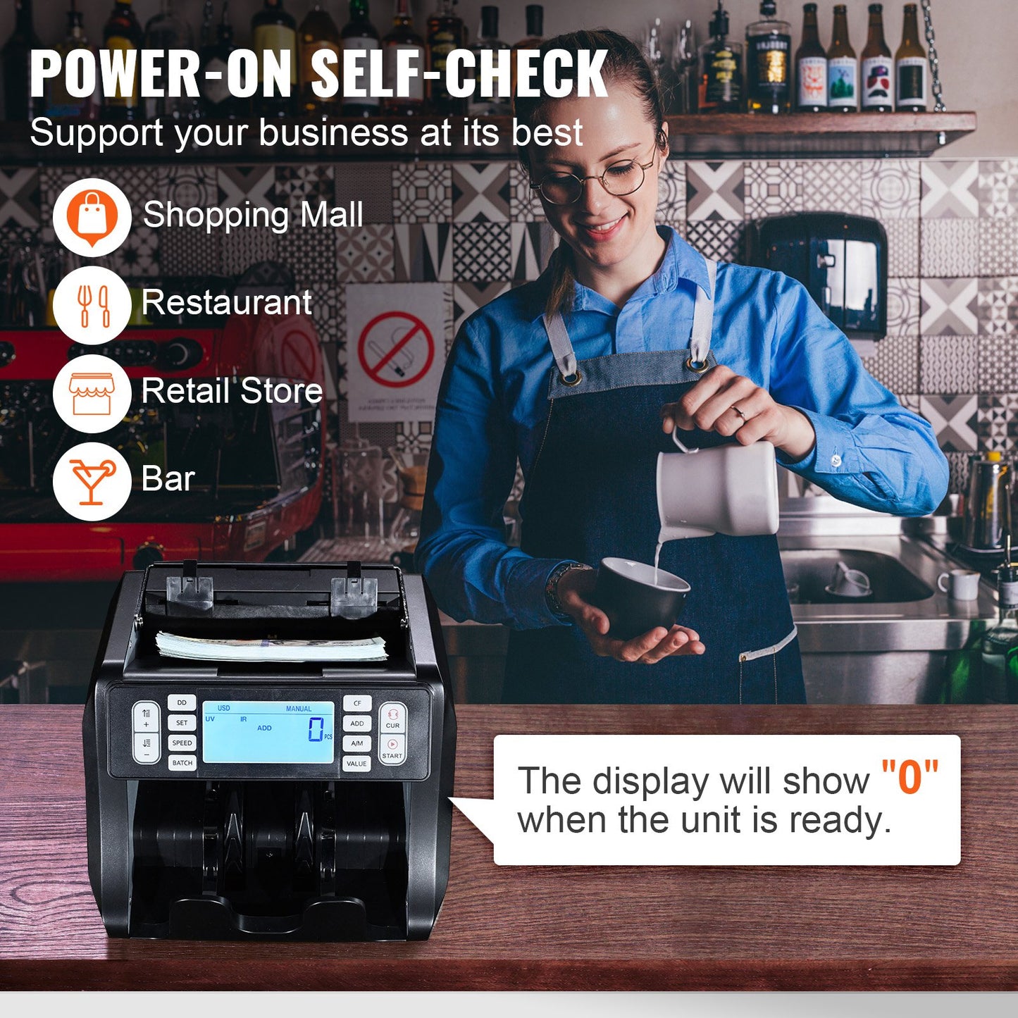 Penningräknare, sedelräknare med UV-, MG-, IR- och DD-förfalskningsdetektering, USD- och EUR-kontanträknare med summerings- och batchlägen, stor LCD-skärm och extern display