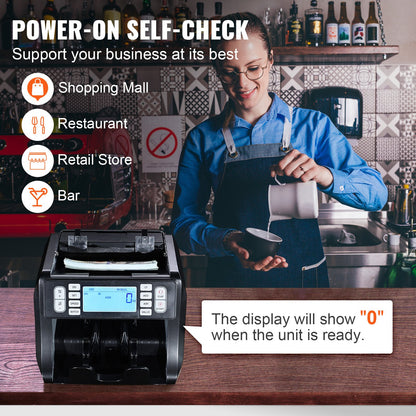 Penningräknare, sedelräknare med UV-, MG-, IR- och DD-förfalskningsdetektering, USD- och EUR-kontanträknare med summerings- och batchlägen, stor LCD-skärm och extern display