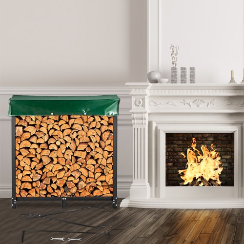 Vedställ, 1,8 m vedställ för utomhusbruk, svart vedställ, vedställ i stål för utomhusbruk, vedhållare med lastkapacitet 500 kg, vedställ med lock och verktygssats för eldstaden