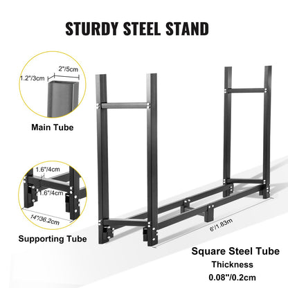 Vedställ, 1,8 m vedställ för utomhusbruk, svart vedställ, vedställ i stål för utomhusbruk, vedhållare med lastkapacitet 500 kg, vedställ med lock och verktygssats för eldstaden