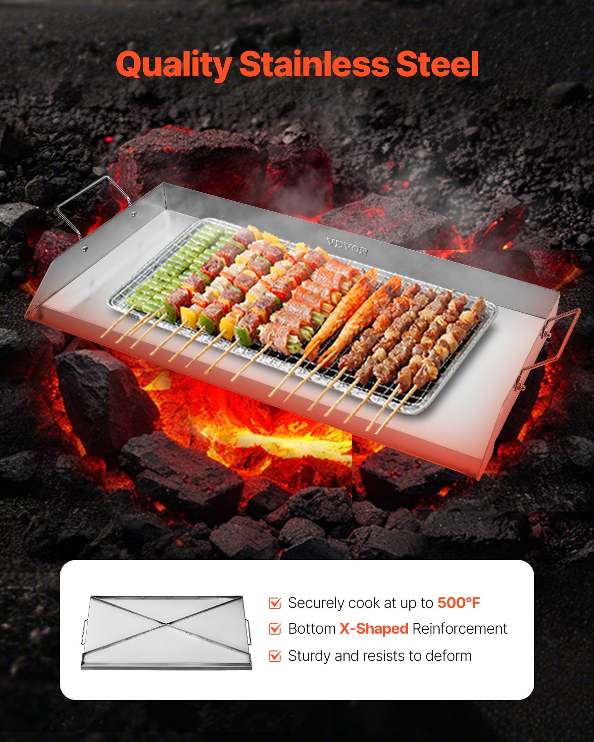 Stekplåt i rostfritt stål, 32x16 tum universal platt rektangulär platta, gasgrillstekplåt för BBQ-grill, teppanyaki, bärbart familjeköksredskap med handtag, för camping, tailgating-fest