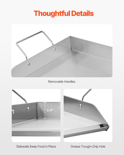 Stekplåt i rostfritt stål, 32x16 tum universal platt rektangulär platta, gasgrillstekplåt för BBQ-grill, teppanyaki, bärbart familjeköksredskap med handtag, för camping, tailgating-fest