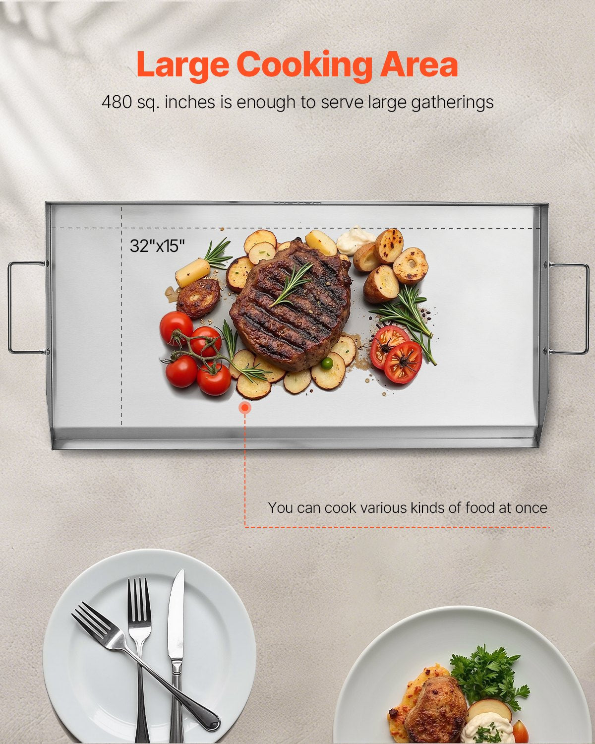 Stekplåt i rostfritt stål, 32x16 tum universal platt rektangulär platta, gasgrillstekplåt för BBQ-grill, teppanyaki, bärbart familjeköksredskap med handtag, för camping, tailgating-fest