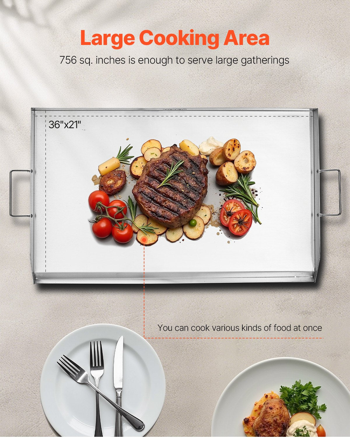 Stekplåt i rostfritt stål, 36x22 tum universal platt rektangulär platta, gasgrillstekplåt för BBQ-grill, teppanyaki, bärbart familjeköksredskap med handtag, för camping, tailgating-fest
