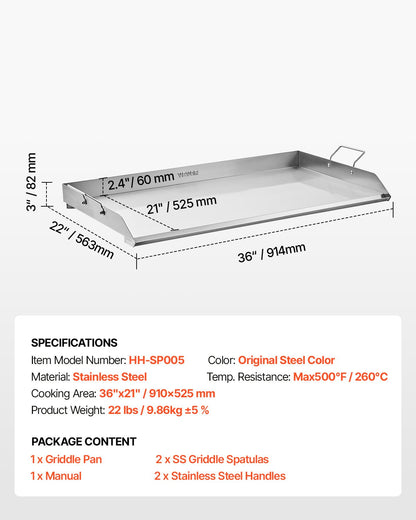 Stekplåt i rostfritt stål, 36x22 tum universal platt rektangulär platta, gasgrillstekplåt för BBQ-grill, teppanyaki, bärbart familjeköksredskap med handtag, för camping, tailgating-fest