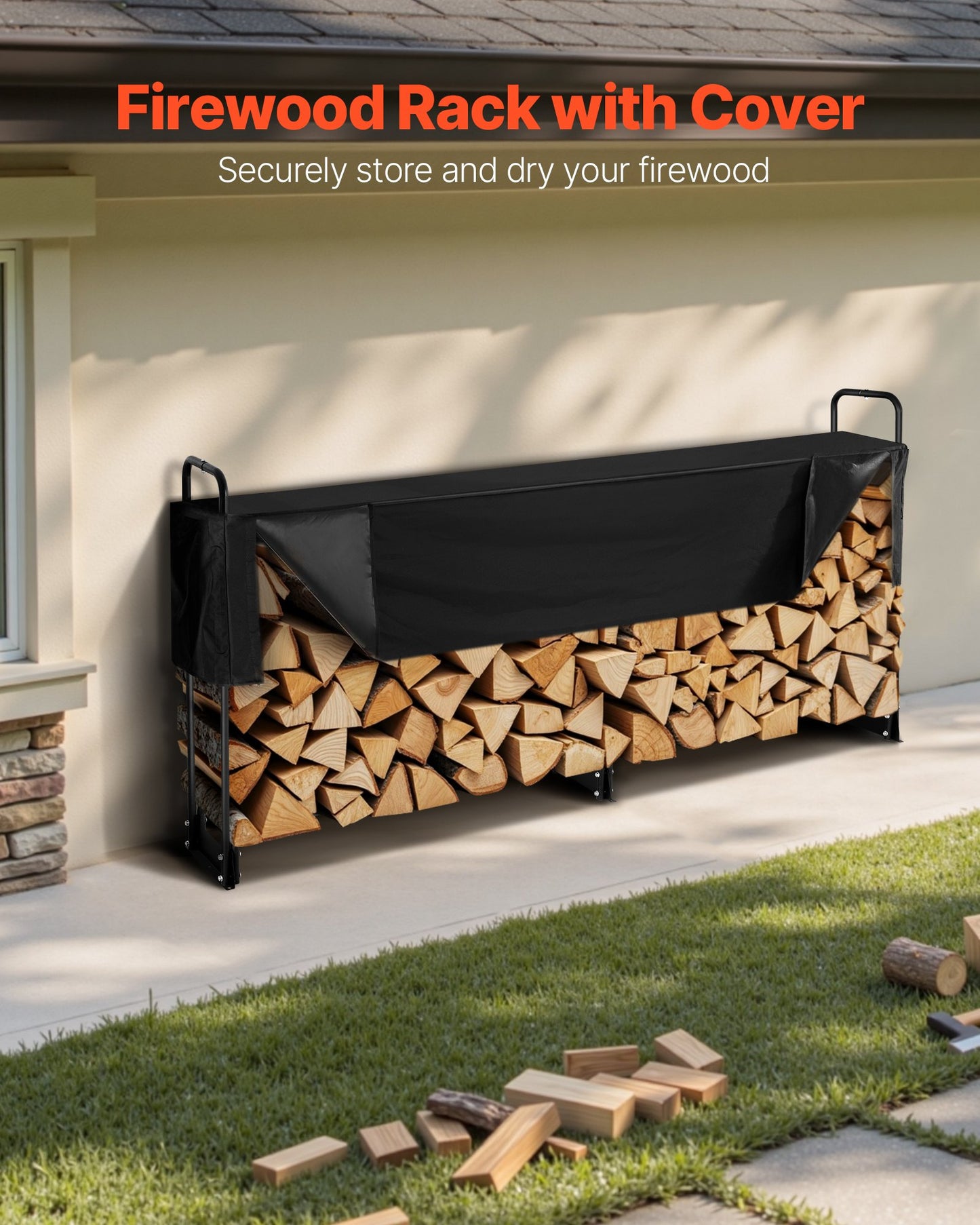 2.4m Outdoor Firewood Rack with Cover, 244 cm x 36 cm x 117 cm, Heavy Duty Firewood Holder & 600D Oxford Waterproof Cover for Fireplace, Patio, Indoor/Outdoor Log Storage Rack for 1/2 Cord of Firewood