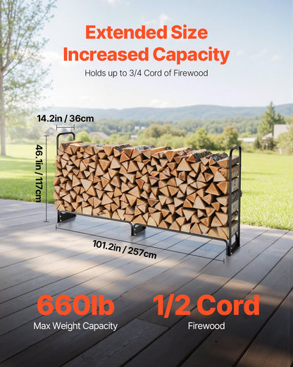2.4m Outdoor Firewood Rack with Cover, 244 cm x 36 cm x 117 cm, Heavy Duty Firewood Holder & 600D Oxford Waterproof Cover for Fireplace, Patio, Indoor/Outdoor Log Storage Rack for 1/2 Cord of Firewood