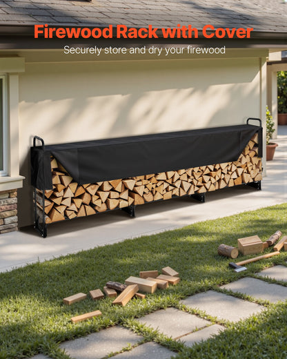 3.9m Outdoor Firewood Rack with Cover, 386 cm x 36 cm x 117 cm, Heavy Duty Firewood Holder & 600D Oxford Waterproof Cover for Fireplace, Patio, Indoor/Outdoor Log Storage Rack for 3/4 Cord of Firewood