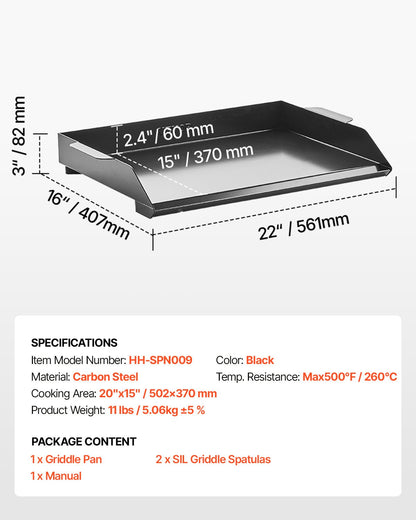 Stekplåt i kolstål, 22x16 tum universal platt rektangulär platta, gasgrillstekplåt för BBQ-grill, teppanyaki, bärbara familjeköksredskap, för camping, tailgating-fest, svart