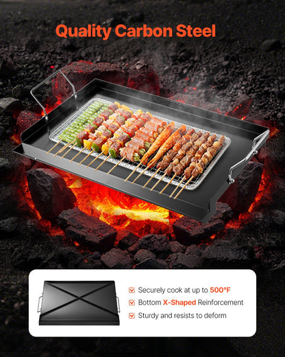 Stekplåt i kolstål, 24x16 tum universal platt rektangulär platta, gasgrillstekplåt för BBQ-grill, Teppanyaki, bärbart familjeköksredskap med handtag, för camping, tailgating-fest