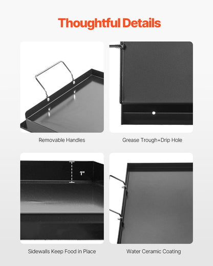Stekplåt i kolstål, 24x16 tum universal platt rektangulär platta, gasgrillstekplåt för BBQ-grill, Teppanyaki, bärbart familjeköksredskap med handtag, för camping, tailgating-fest