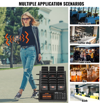 Restaurant Pager System, Wireless 400m Long Range Lineup Waiting Queue Signal, Guest Customer Calling Beepers with Vibration & Flashing, 24 Buzzers for Food Truck, Church, Nursery, Hospital
