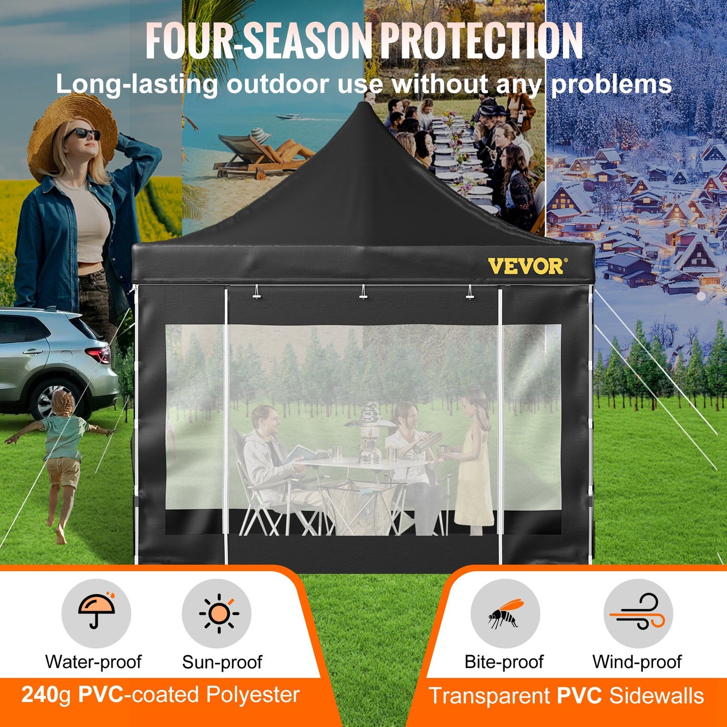 304.8 x 304.8 cm Pop Up Canopy Tent, Outdoor Patio Gazebo Tent with Removable Sidewalls and Wheeled Bag, UV Resistant Waterproof Instant Gazebo Shelter for Party, Garden, Backyard, Black