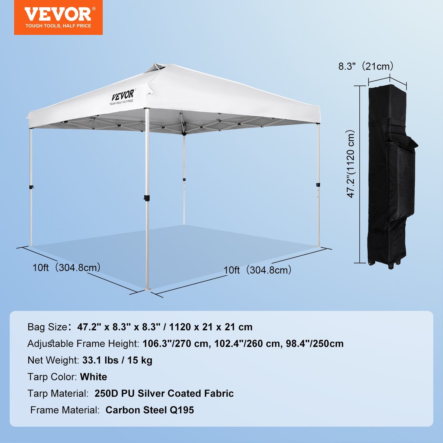 Pop Up Canopy Party Tent 304.8 x 304.8 cm with Portable Bag for Camping White