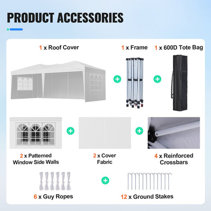 Pop-up-tält, 5,9 x 2,96 m portabel paviljong med direkttak, 3 sidoväggar och 2 ventilerade fönster, höjdjusterbart pop-up-tält för utomhusbruk, evenemang, uteplats, bakgård, fest, parkering