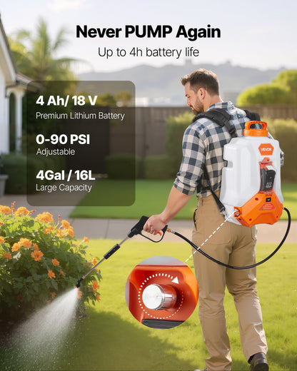 Battery Powered Backpack Sprayer, 16L Electric Backpack Sprayer, 2 Wands & 8 Nozzles, Adjustable 0-90 PSI, 4H Runtime, Portable Yard Garden Lawn Sprayers for Weeding Spraying Cleaning