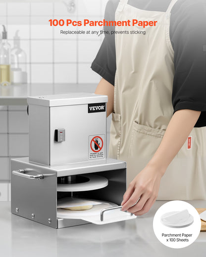 Electric Pizza Dough Press Machine, 6 inch Pizza Pastry Press Plate, Stainless Steel Bread Presser, Adjustable Thickness Commercial Forming Machine, with 100 Pcs Parchment Paper
