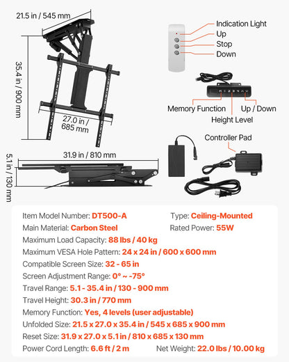 Motorized Ceiling TV Mount, TV Wall Mount for 32 to 65 Inch TV, Electric Adjustable Ceiling TV Mount, Motorized Flip Down TV Mount Bracket with Max VESA 24 x 24 in, Fits TVs Up to 88 lbs