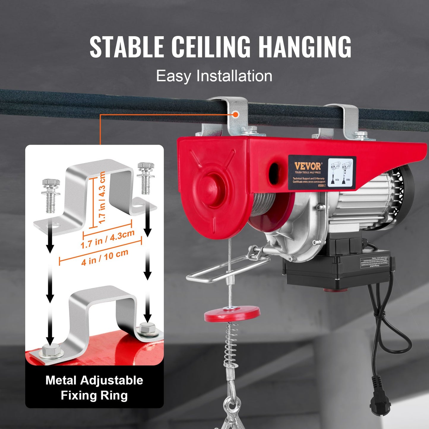 Electric Hoist, 399.2 kg Lifting Capacity, 850W 220V Electric Steel Wire Winch with Wireless Remote Control, 1219 cm Single Cable Lifting Height & Pure Copper Motor, for Garage Warehouse Factory