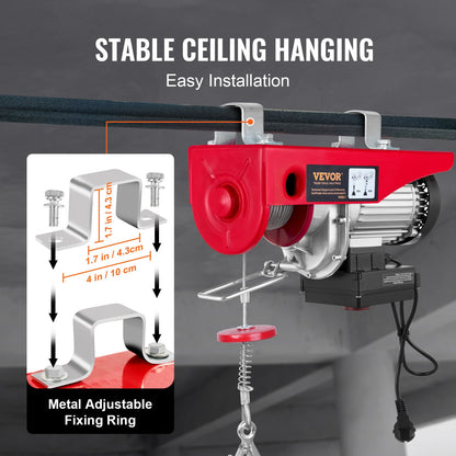 Electric Hoist, 399.2 kg Lifting Capacity, 850W 220V Electric Steel Wire Winch with Wireless Remote Control, 1219 cm Single Cable Lifting Height & Pure Copper Motor, for Garage Warehouse Factory