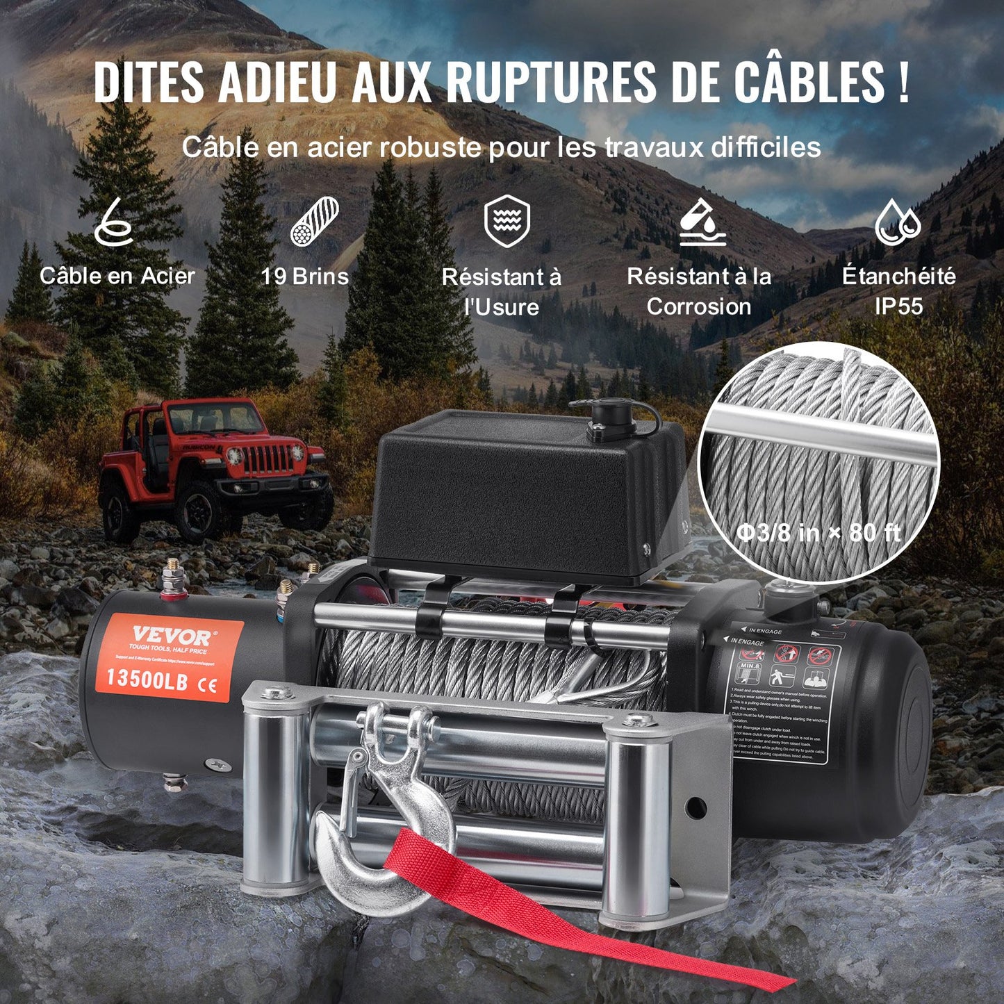 Electric Winch Truck 6123.5 kg Steel Cable IP65 Waterproof Remote Control