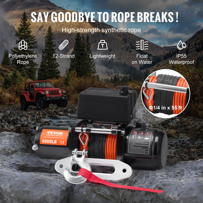 Electric Winch for Truck 2721.6 kg Synthetic Rope Waterproof Remote Control