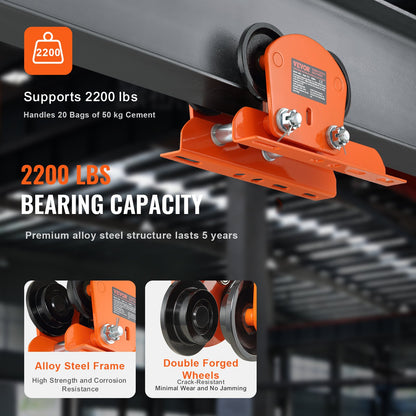 Electric Hoist Manual Trolley, 998 kg/1 Ton Capacity for PA200 PA250 PA300 PA400 PA500, Push Beam Trolley with Dual Wheels, 6.8 cm-11 cm Adjustable Beam Flange Width for Straight Curved I Beam