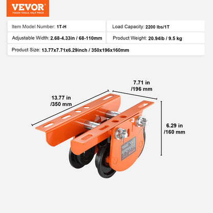 Electric Hoist Manual Trolley, 998 kg/1 Ton Capacity for PA200 PA250 PA300 PA400 PA500, Push Beam Trolley with Dual Wheels, 6.8 cm-11 cm Adjustable Beam Flange Width for Straight Curved I Beam