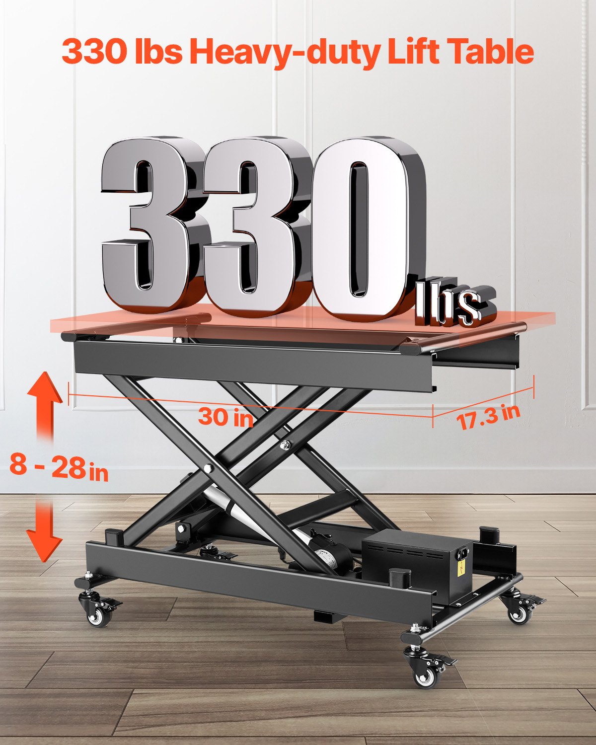 Electric Lift Table, 330 lbs Capacity Single Scissor Lift Table, 8 - 28 in Height Adjustable Lifting Platform, Coffee Table lift with 4 Wheels, for Material Handling and Transportation, Black