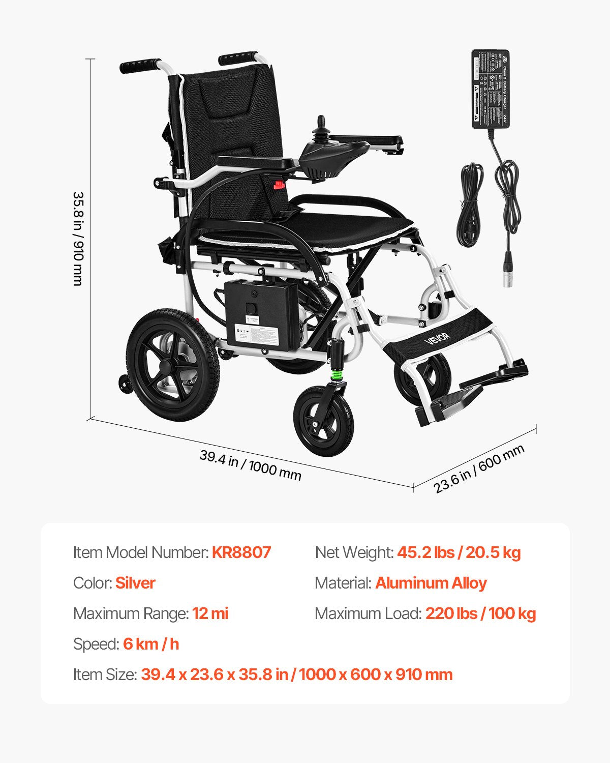 Electric Wheelchair for Adults, 100kg Capacity, Foldable & Lightweight Motorized Wheelchair, 19.3km Long Travel Range, All-Terrain Powered Chair, Portable for Seniors & Disabled