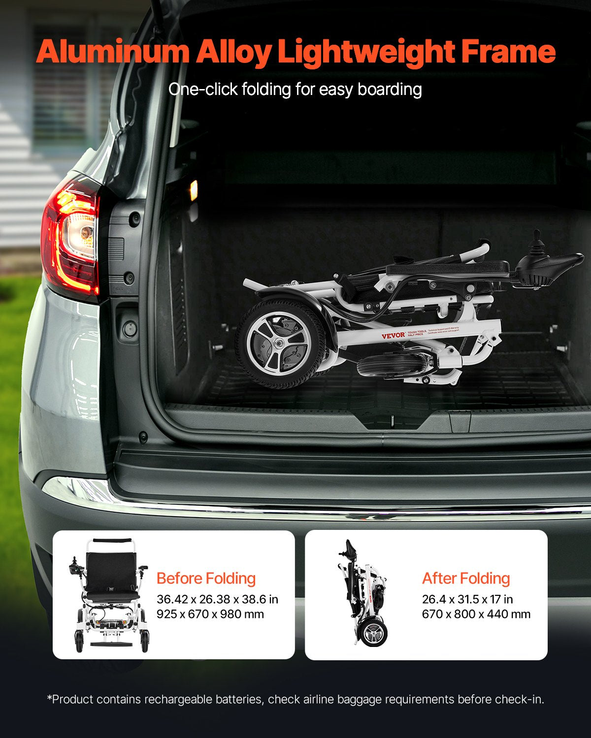 Electric Wheelchair for Adults, 136kg Capacity, Foldable & Lightweight Motorized Wheelchair, 21km Long Travel Range, All-Terrain Powered Chair, Portable 53cm Seat for Seniors & Disabled