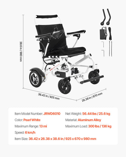 Electric Wheelchair for Adults, 136kg Capacity, Foldable & Lightweight Motorized Wheelchair, 21km Long Travel Range, All-Terrain Powered Chair, Portable 53cm Seat for Seniors & Disabled