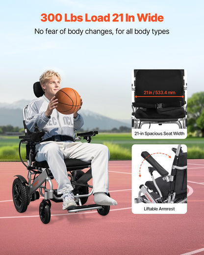 Electric Wheelchair for Adults, 136kg Capacity with Adjustable Backrest, Foldable Lightweight Motorized Wheelchair, 21km Range, All-Terrain Powered, Portable 53cm Seat for Seniors & Disabled