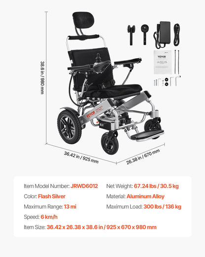 Electric Wheelchair for Adults, 136kg Capacity with Adjustable Backrest, Foldable Lightweight Motorized Wheelchair, 21km Range, All-Terrain Powered, Portable 53cm Seat for Seniors & Disabled