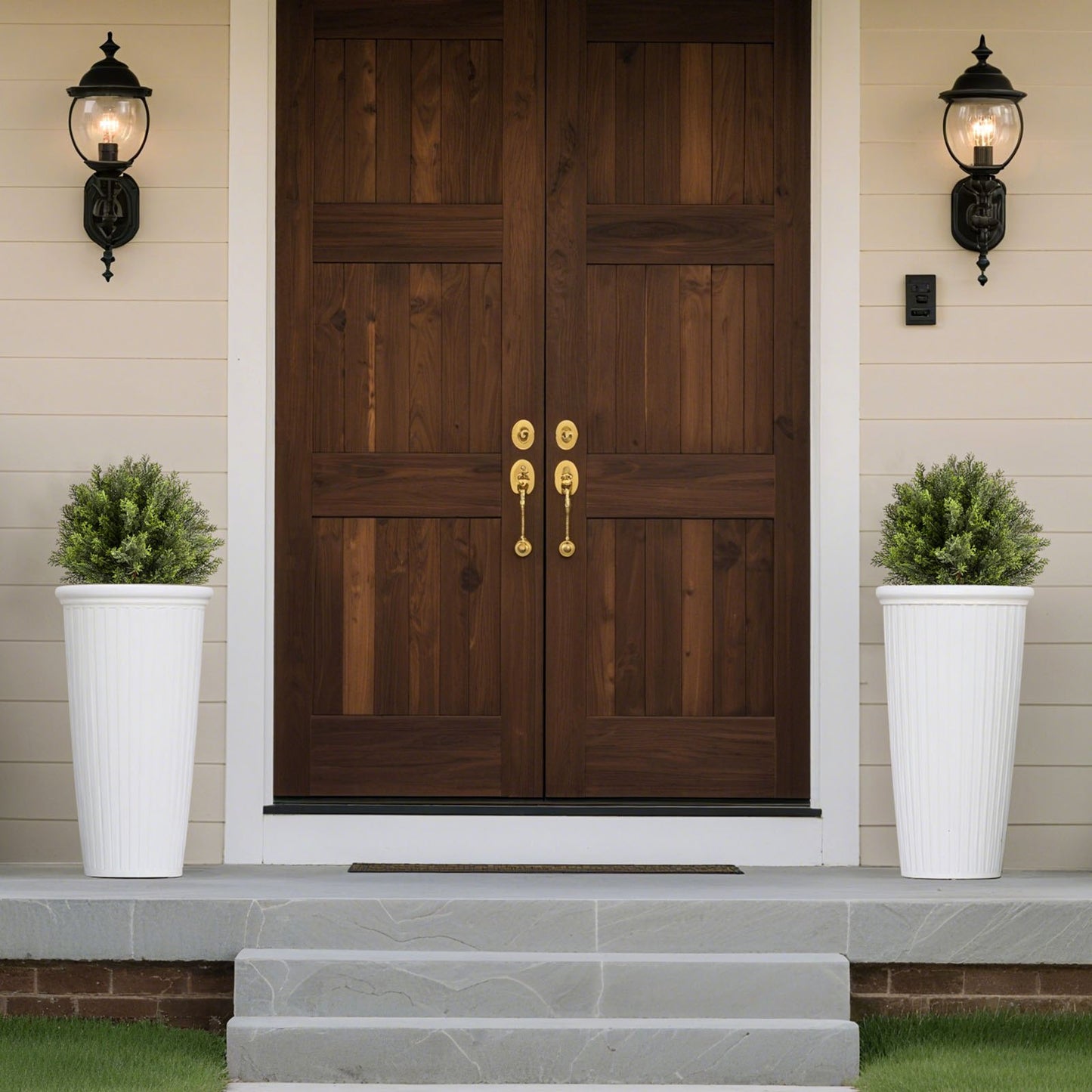 Artificial Topiary Cypress Trees with Ground Spike, 2 Set 406mm Faux Shrubs & Bushes Potted Plants, Fake Silk Tree Look Real for Decor Front Porch Outdoor Indoor Patio Garden Balcony Backyard